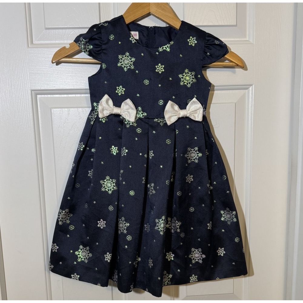Bonnie Jean Navy Blue Party Dress With Iridescent Silver/Green Snowflakes Size 5